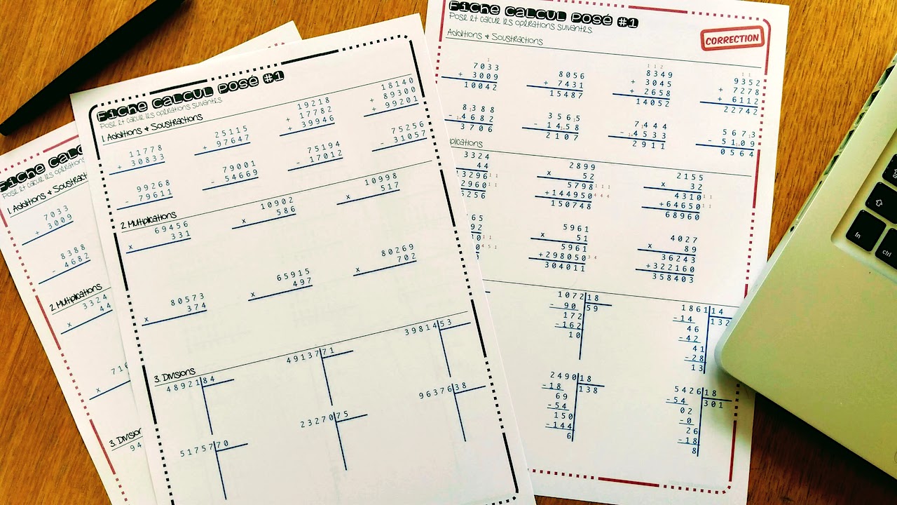Fiches d’exercices calcul posé autocorrectif – 4 opérations | maître